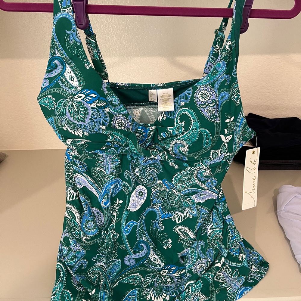 Anne Cole Green Paisley Tankini with Navy High Waisted Bottoms NWT
